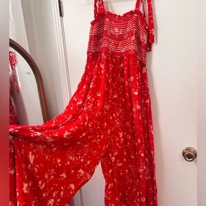 Free People Red Floral Smocked Jumpsuit Romper – Size Medium